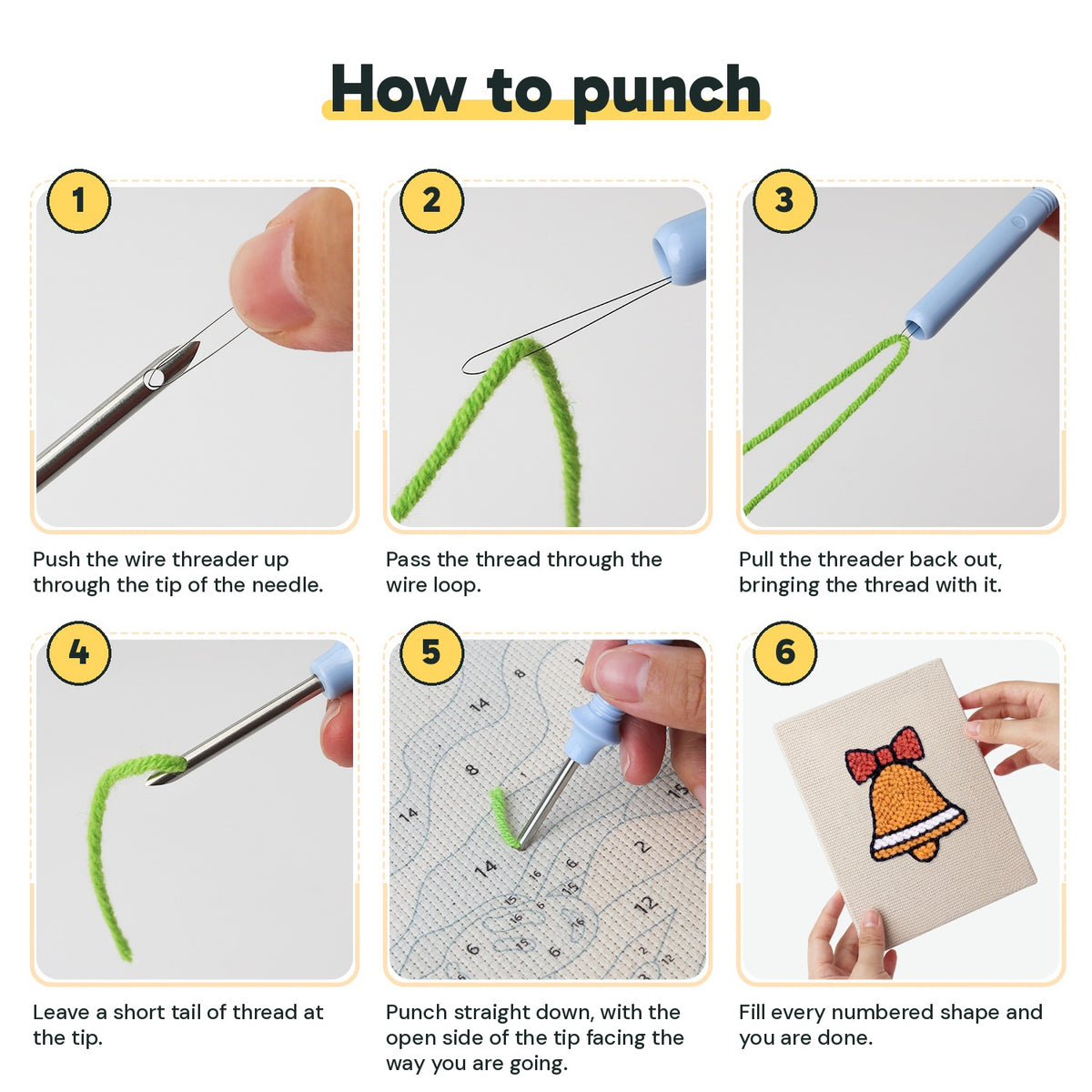 Six steps showing how to thread and use the punch needle