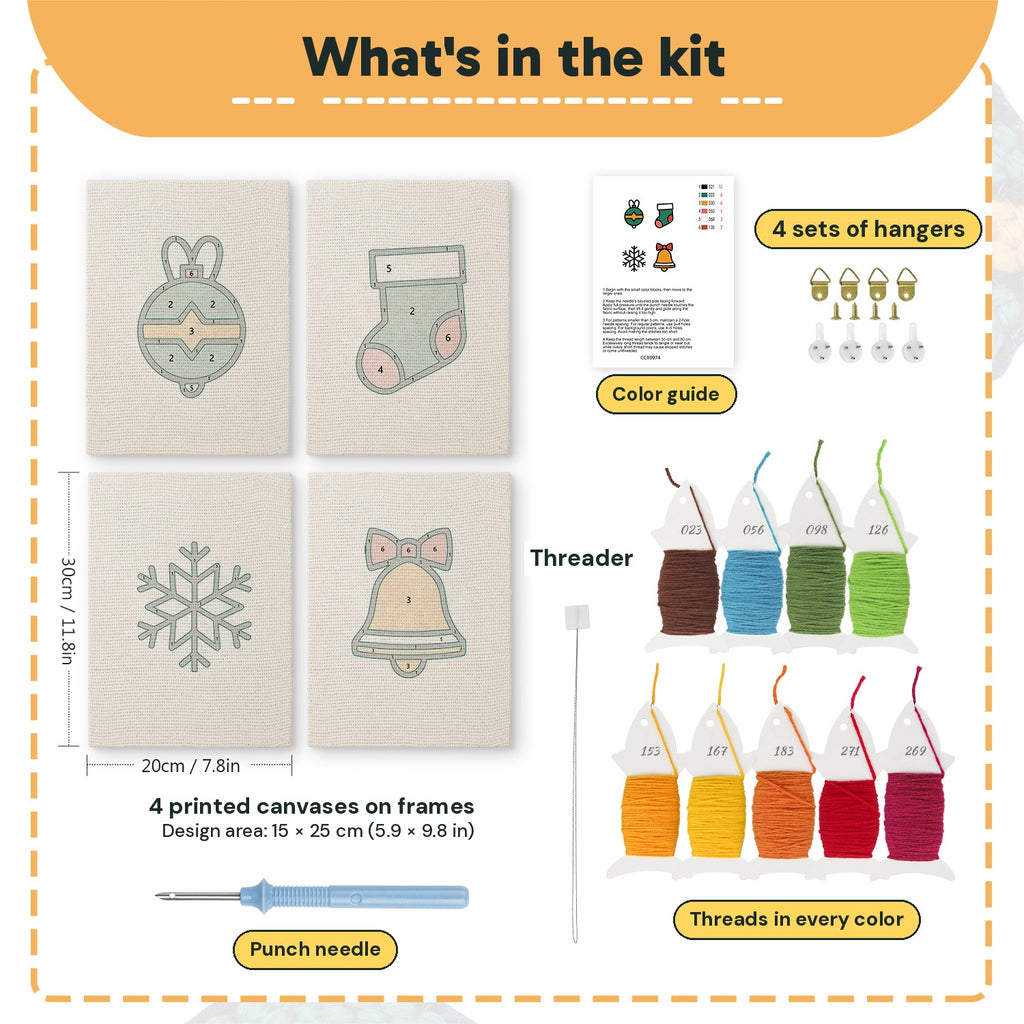 What is in the Bauble and Snowflake set, 8 × 12 in (20 × 30 cm) each: 4 printed canvases, punch needle, threader, threads, color guide and 4 sets of hangers