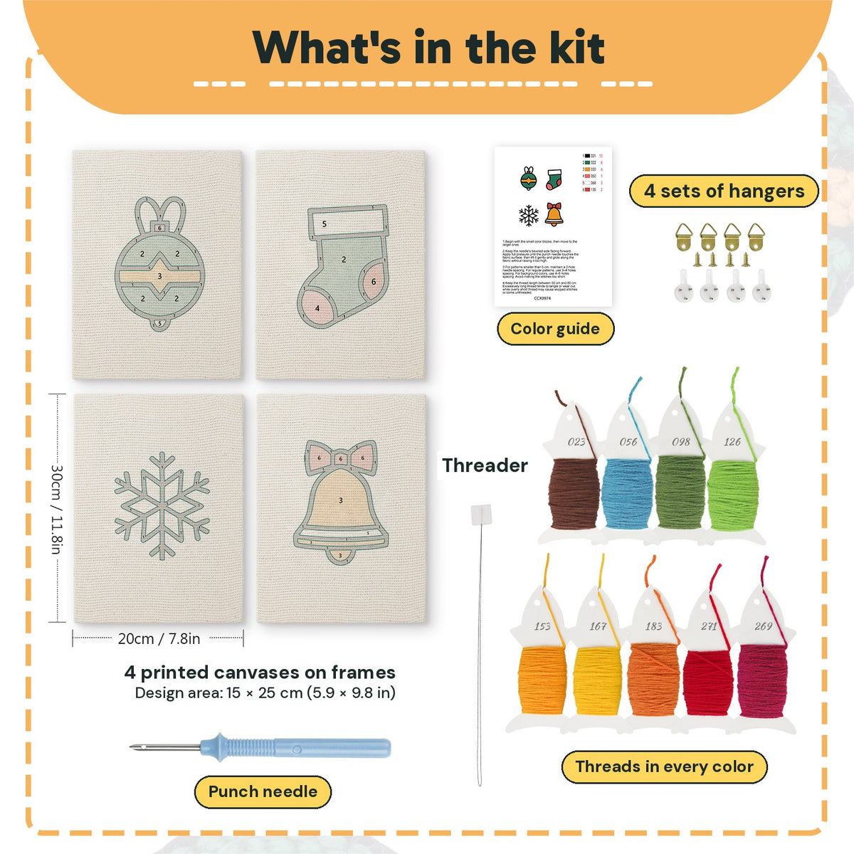 What is in the Bauble and Snowflake set, 8 × 12 in (20 × 30 cm) each: 4 printed canvases, punch needle, threader, threads, color guide and 4 sets of hangers