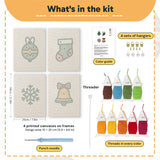 What is in the Bauble and Snowflake set, 8 × 12 in (20 × 30 cm) each: 4 printed canvases, punch needle, threader, threads, color guide and 4 sets of hangers