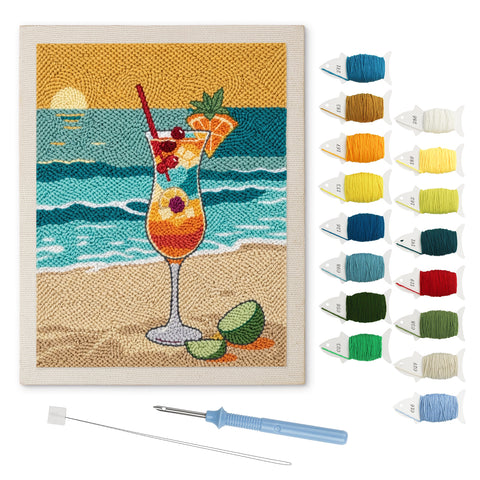 Beach Cocktail punch needle kit: finished canvas with threads, punch needle and threader