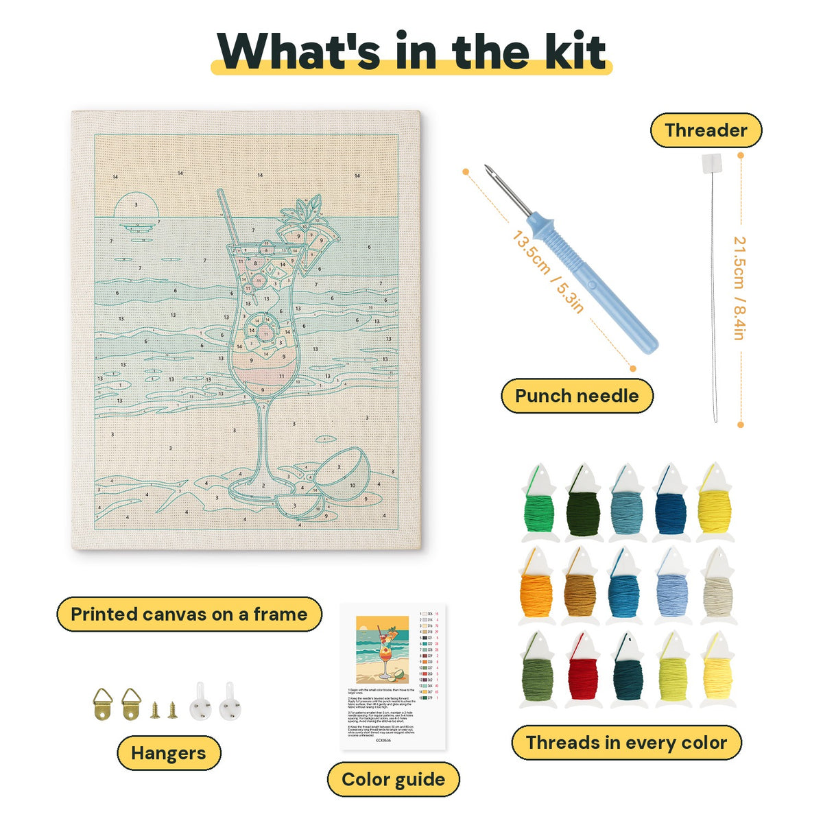 What is in the Beach Cocktail kit: printed canvas, punch needle, threader, threads, color guide and hangers