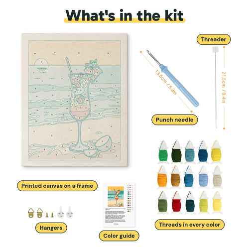 What is in the Beach Cocktail kit: printed canvas, punch needle, threader, threads, color guide and hangers