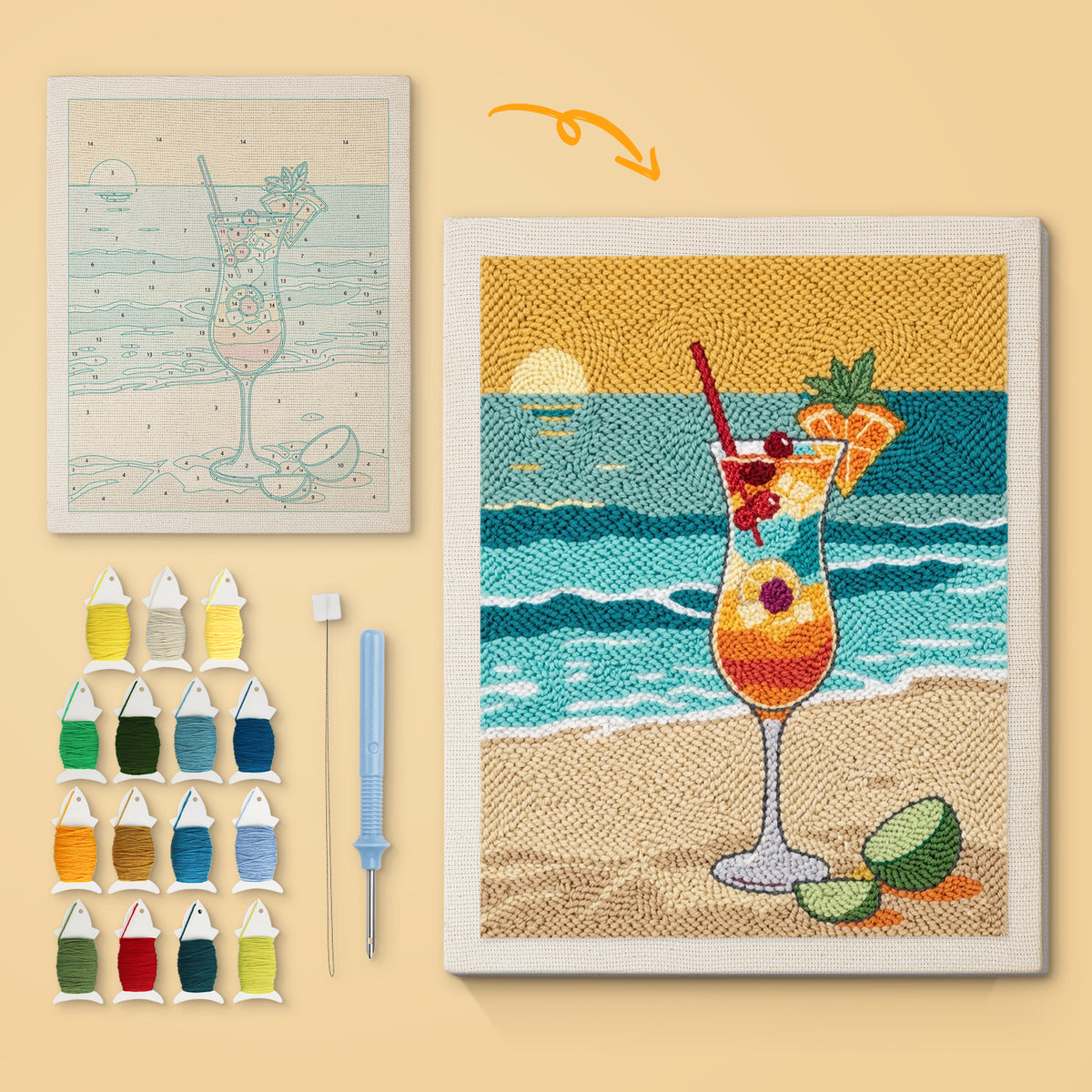 Beach Cocktail canvas before and after punching, with the threads and tools