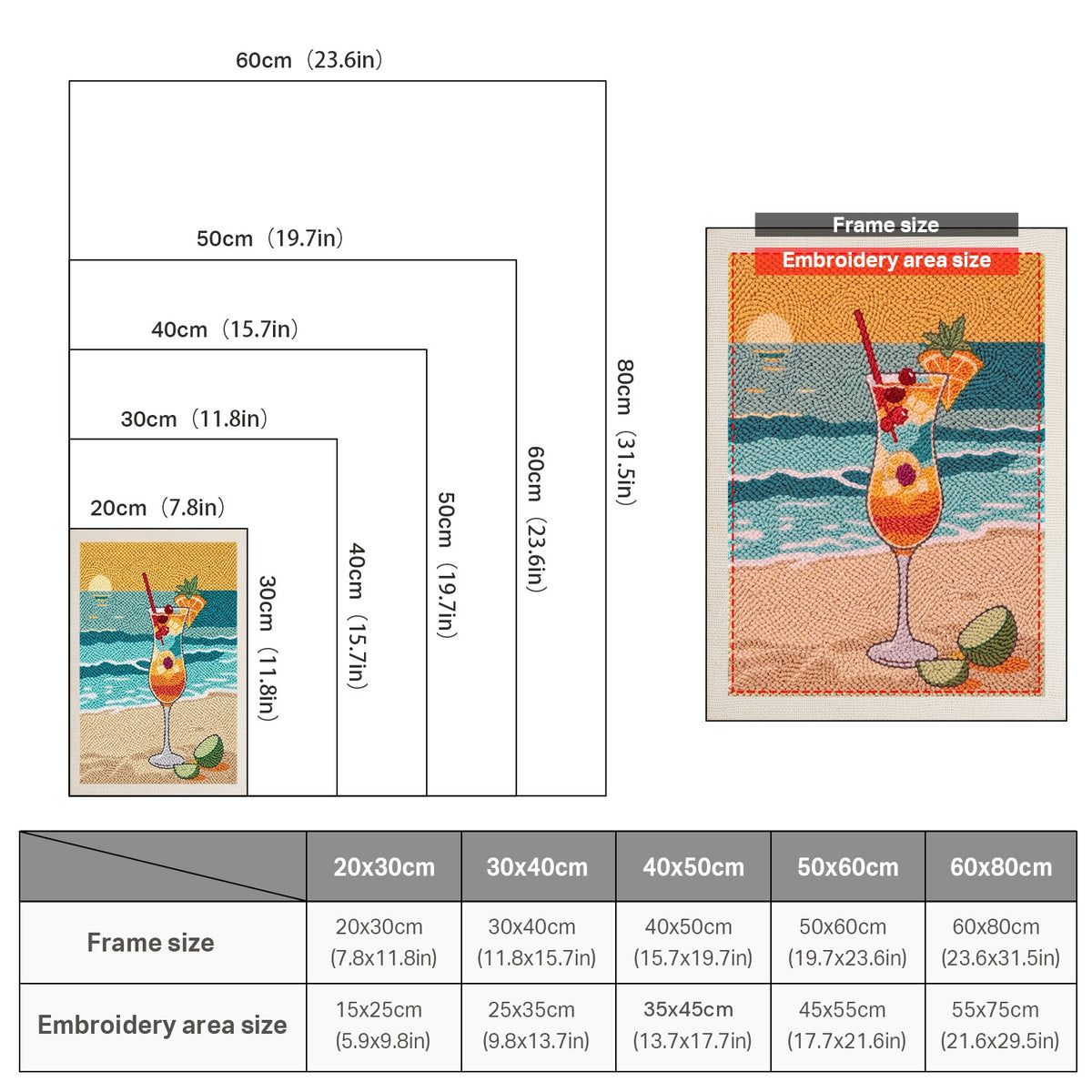 Size chart for punch needle kits from 20 x 30 cm to 60 x 80 cm