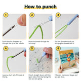 Six steps showing how to thread and use the punch needle