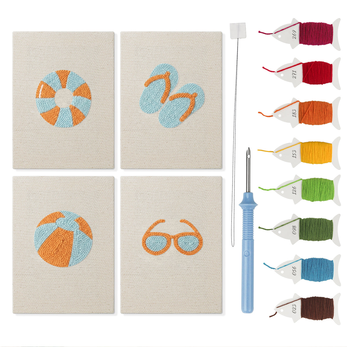 Beach Day Essentials mini punch needle kit set: four finished canvases with threads, punch needle and threader