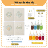 What is in the Beach Day Essentials set: 4 printed canvases, punch needle, threader, threads, color guide and 4 sets of hangers (6 × 8 in (15 × 20 cm) each)