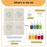 What is in the Beach Day Essentials set, 8 × 12 in (20 × 30 cm) each: 4 printed canvases, punch needle, threader, threads, color guide and 4 sets of hangers
