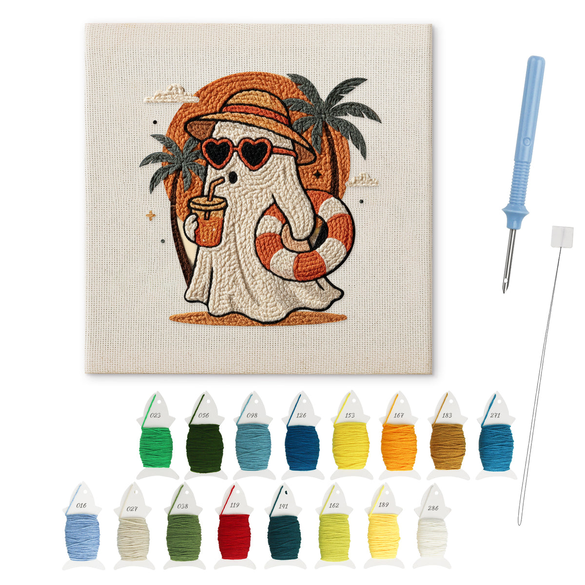 Beach Day Ghost punch needle kit: finished canvas with threads, punch needle and threader