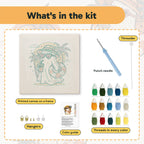 What is in the Beach Day Ghost kit: printed canvas, punch needle, threader, threads, color guide and hangers