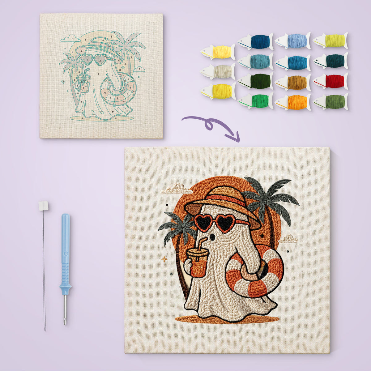 Beach Day Ghost canvas before and after punching, with the threads and tools