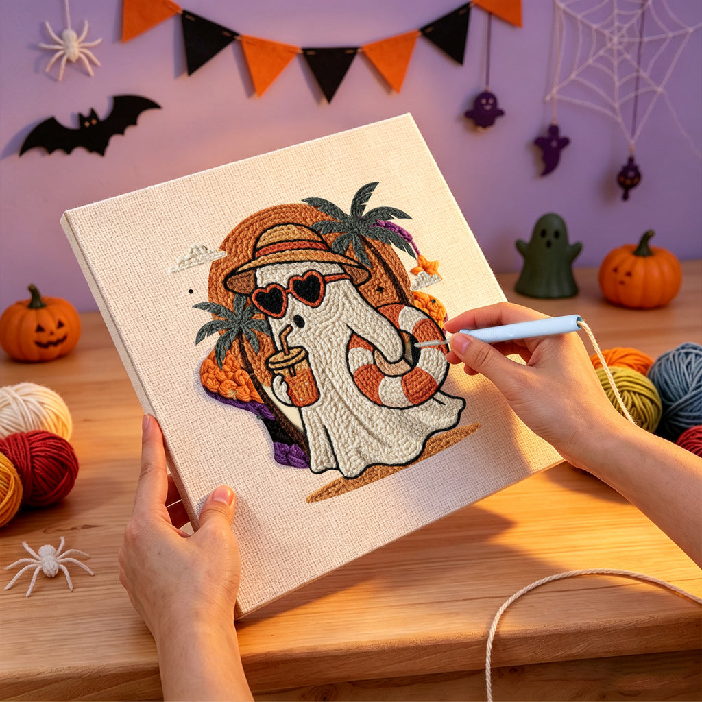 Punching the Beach Day Ghost design with the punch needle