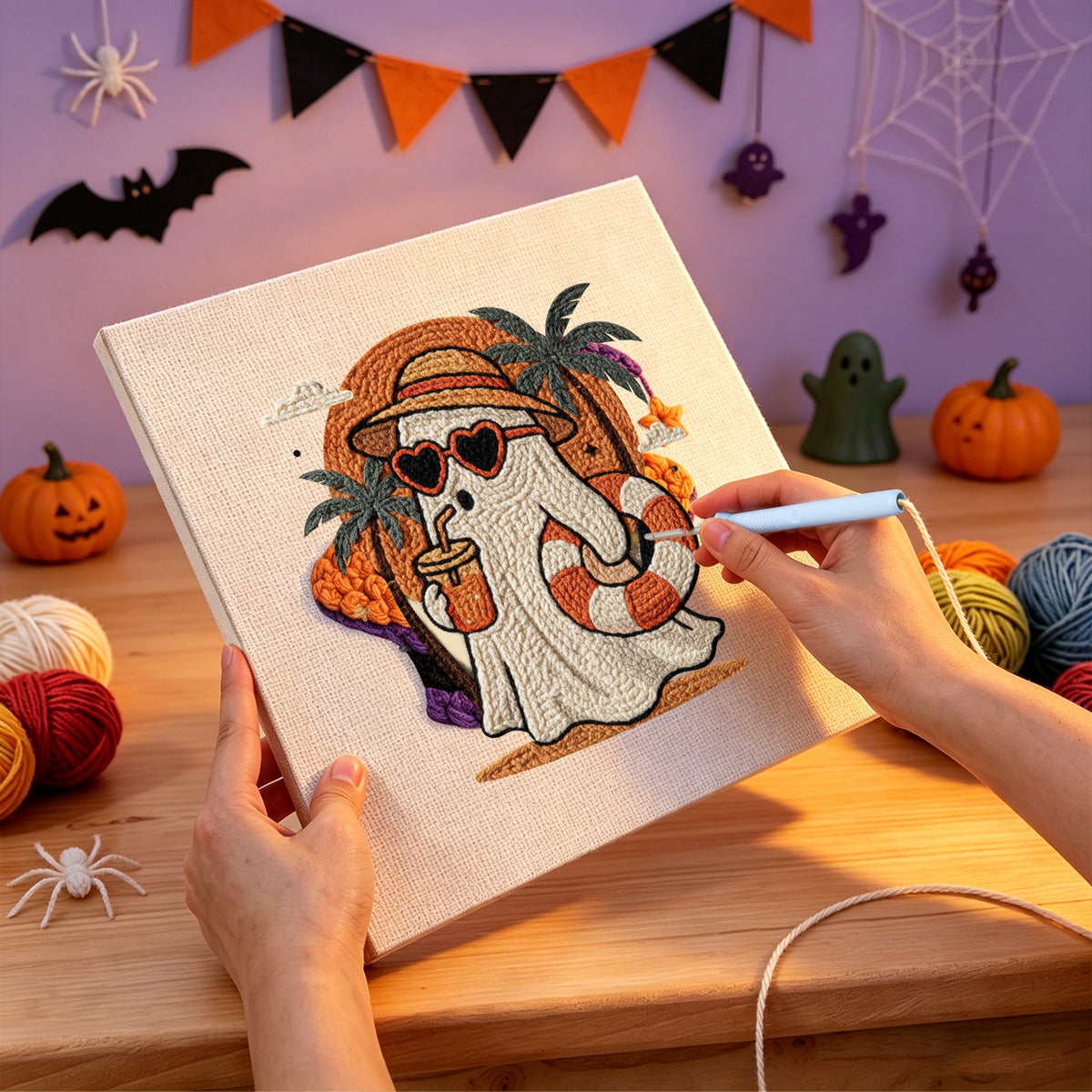 Punching the Beach Day Ghost design with the punch needle
