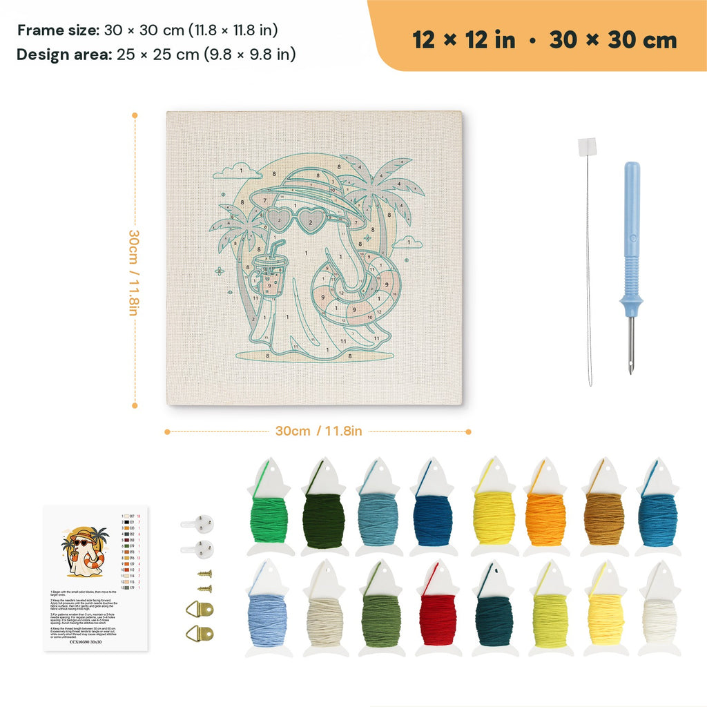 Beach Day Ghost punch needle kit, 12 × 12 in (30 × 30 cm): canvas size and kit contents