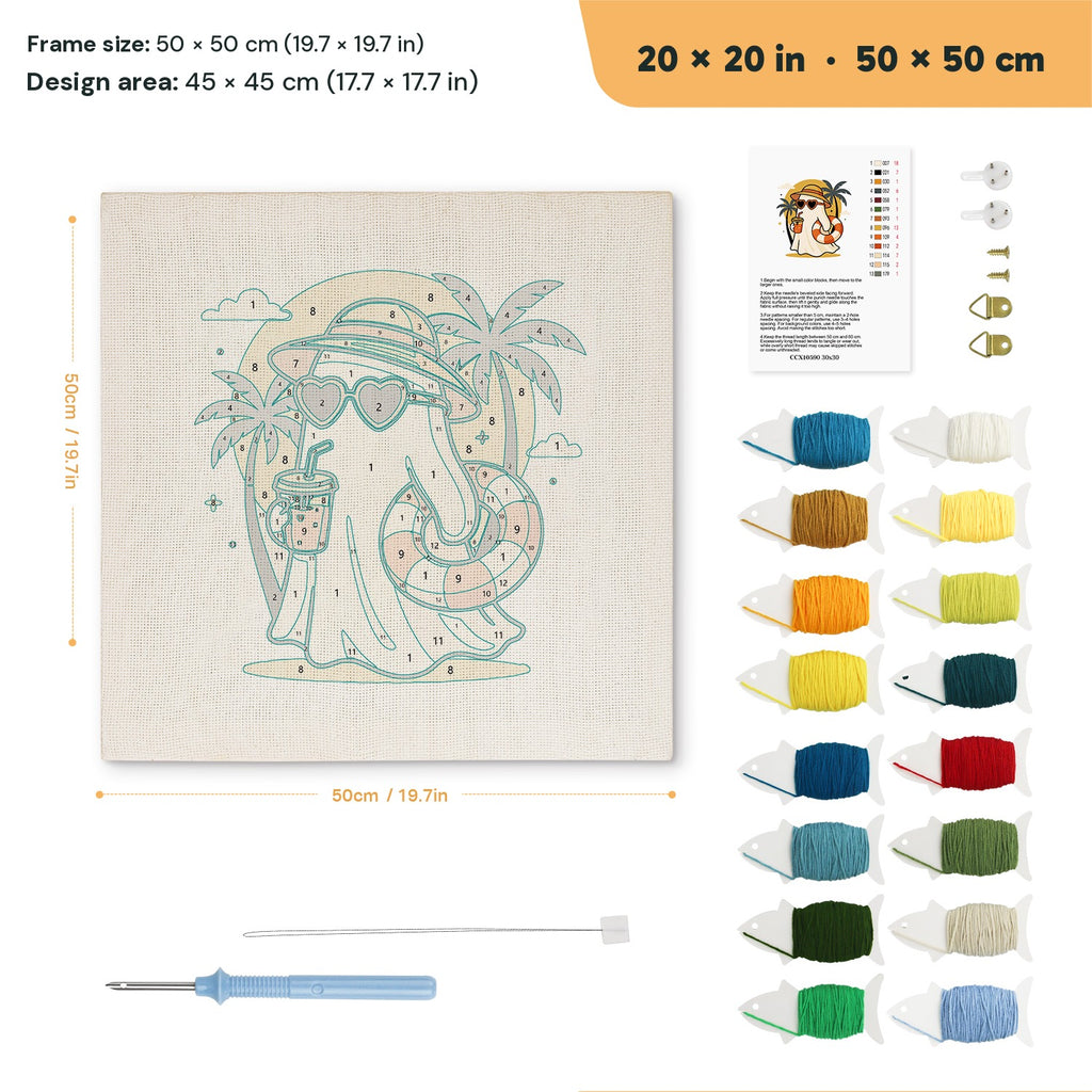 Beach Day Ghost punch needle kit, 20 × 20 in (50 × 50 cm): canvas size and kit contents