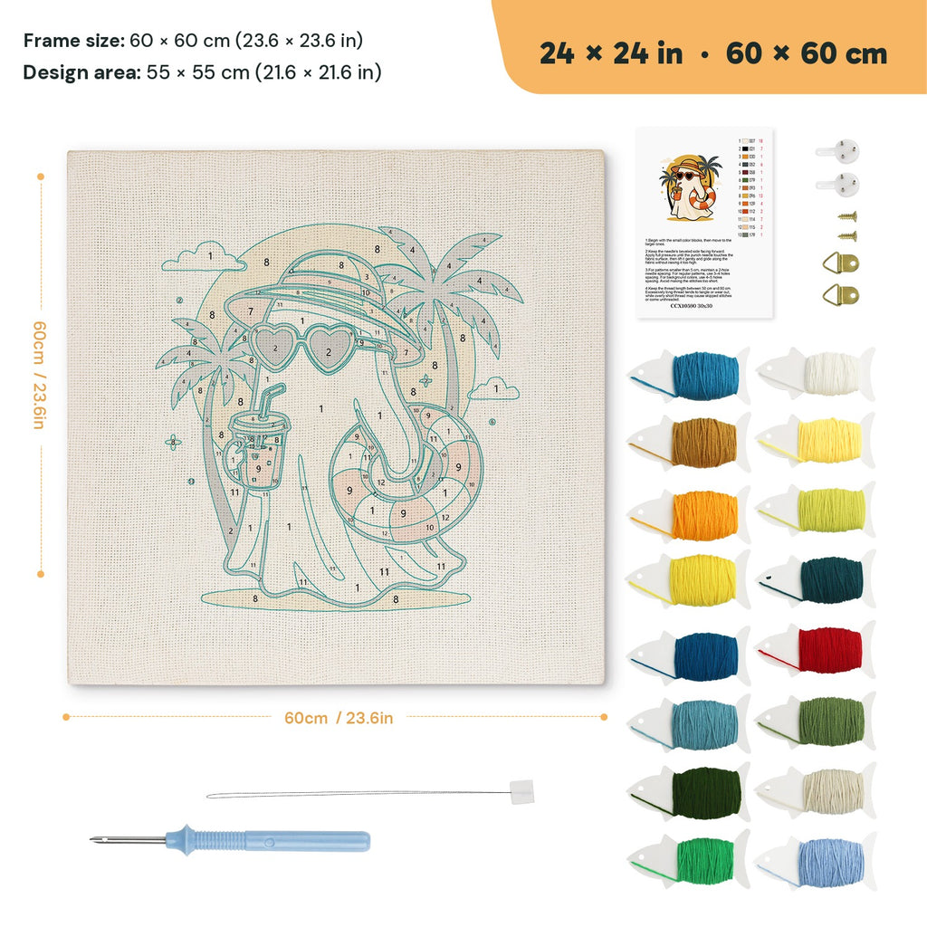 Beach Day Ghost punch needle kit, 24 × 24 in (60 × 60 cm): canvas size and kit contents