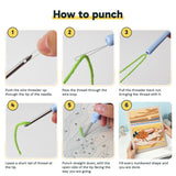 Six steps showing how to thread and use the punch needle