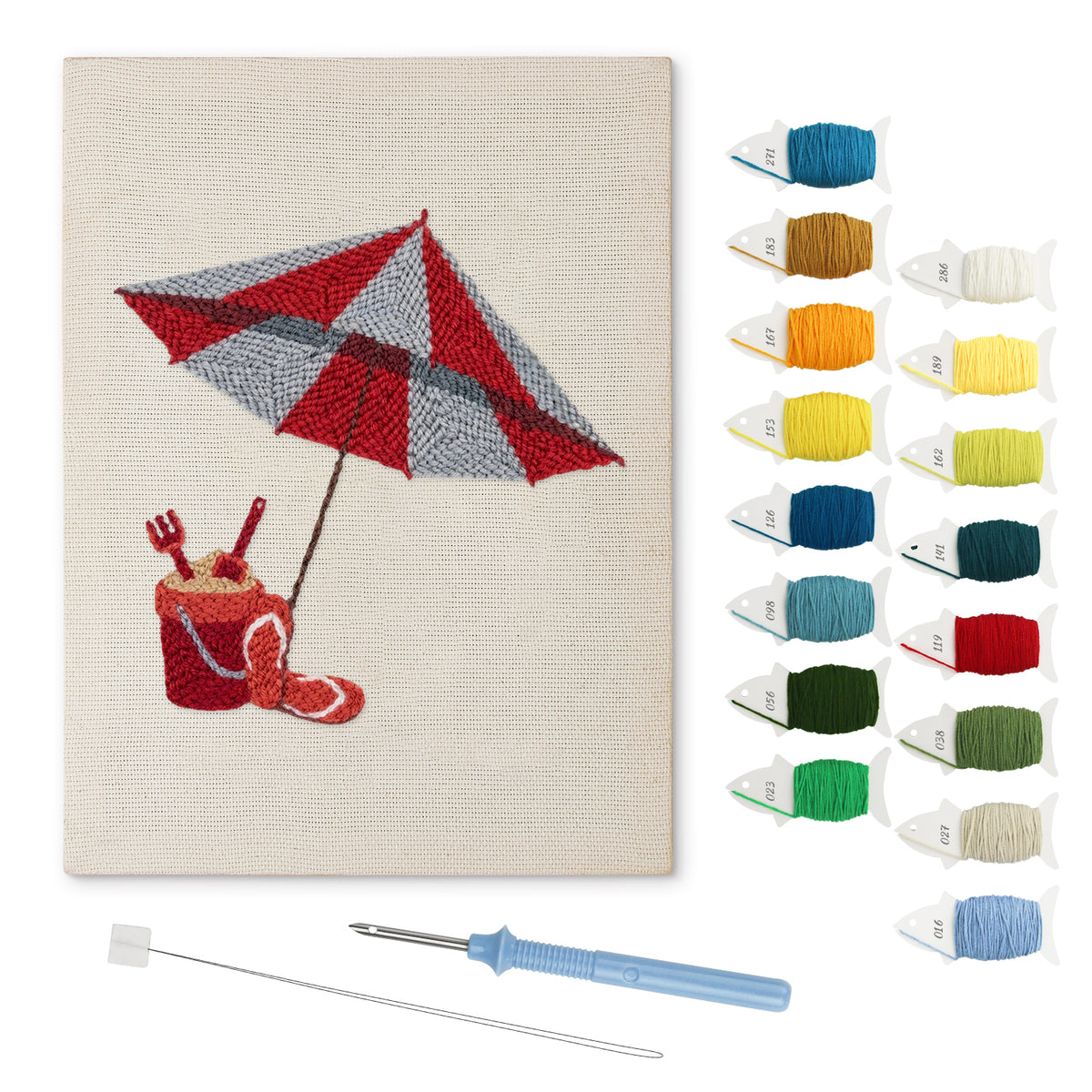 Beach Umbrella Day punch needle kit: finished canvas with threads, punch needle and threader
