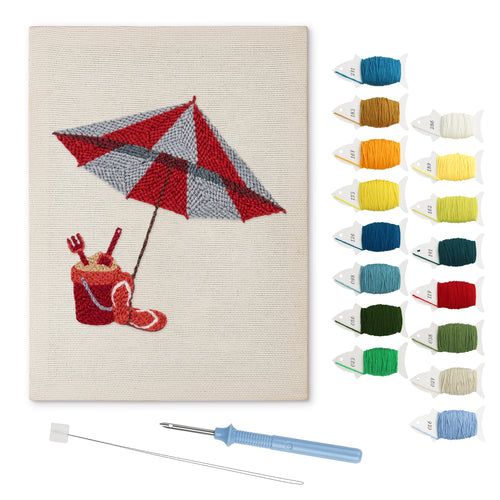 Beach Umbrella Day punch needle kit: finished canvas with threads, punch needle and threader