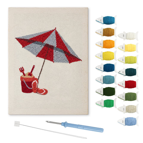 Beach Umbrella Day punch needle kit: finished canvas with threads, punch needle and threader