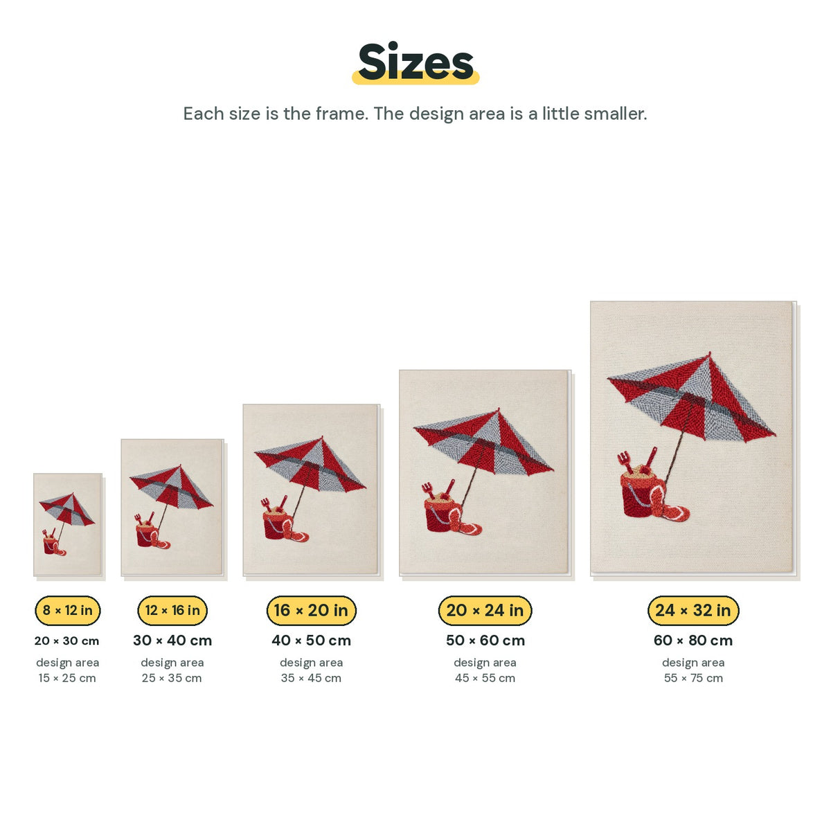Size chart for punch needle kits from 20 x 30 cm to 60 x 80 cm