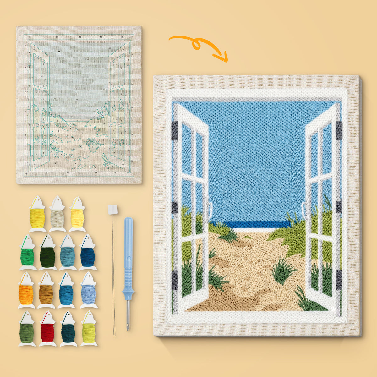 Beach Window canvas before and after punching, with the threads and tools