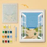 Beach Window canvas before and after punching, with the threads and tools
