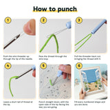 Six steps showing how to thread and use the punch needle