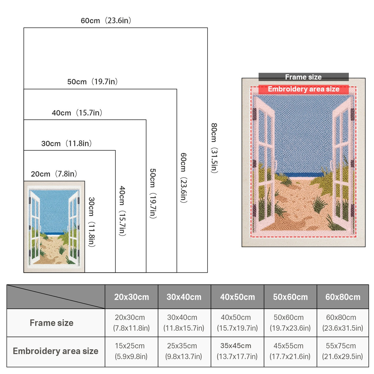 Size chart for punch needle kits from 20 x 30 cm to 60 x 80 cm