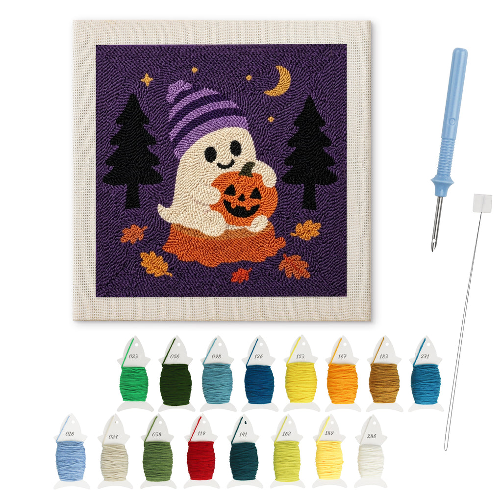 Beanie Ghost punch needle kit: finished canvas with threads, punch needle and threader