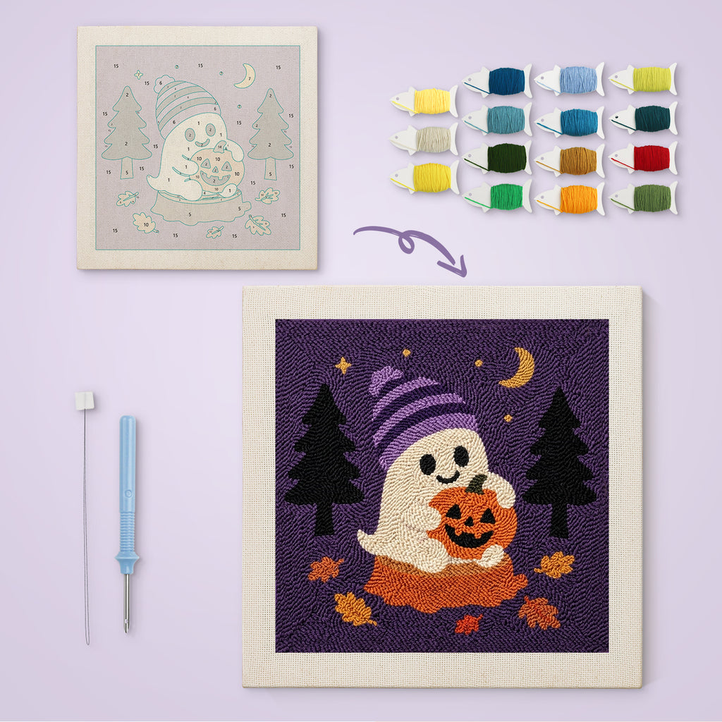 Beanie Ghost canvas before and after punching, with the threads and tools