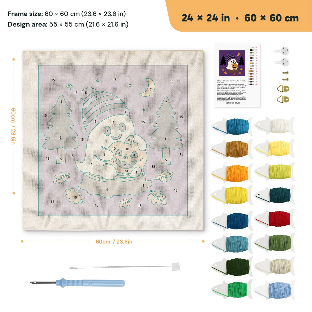 Beanie Ghost punch needle kit, 24 × 24 in (60 × 60 cm): canvas size and kit contents