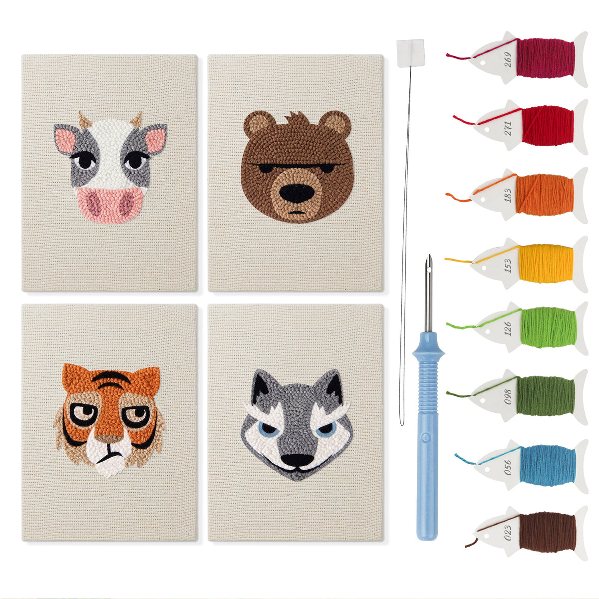 Bear and Tiger mini punch needle kit set: four finished canvases with threads, punch needle and threader
