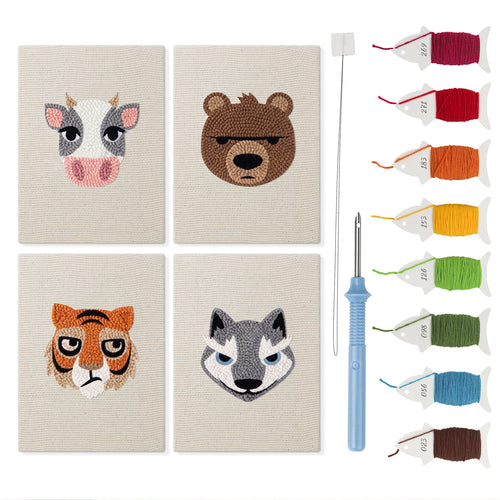 Bear and Tiger mini punch needle kit set: four finished canvases with threads, punch needle and threader