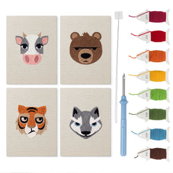 Bear and Tiger mini punch needle kit set: four finished canvases with threads, punch needle and threader