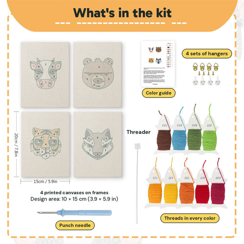 What is in the Bear and Tiger set: 4 printed canvases, punch needle, threader, threads, color guide and 4 sets of hangers (6 × 8 in (15 × 20 cm) each)