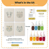 What is in the Bear and Tiger set: 4 printed canvases, punch needle, threader, threads, color guide and 4 sets of hangers (6 × 8 in (15 × 20 cm) each)