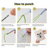 Six steps showing how to thread and use the punch needle