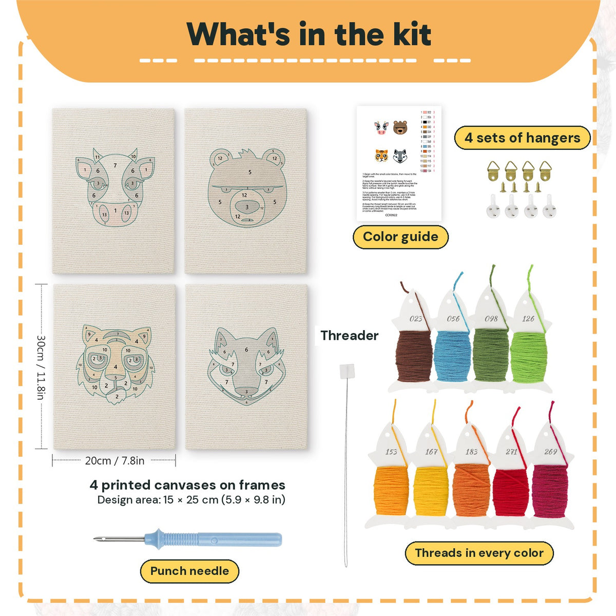 What is in the Bear and Tiger set, 8 × 12 in (20 × 30 cm) each: 4 printed canvases, punch needle, threader, threads, color guide and 4 sets of hangers