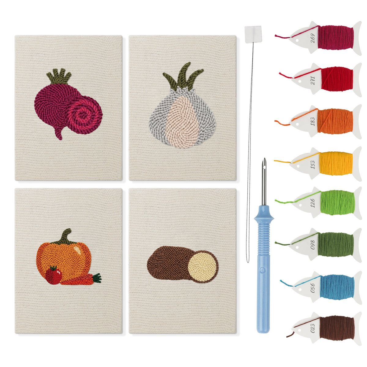 Beet and Garlic mini punch needle kit set: four finished canvases with threads, punch needle and threader