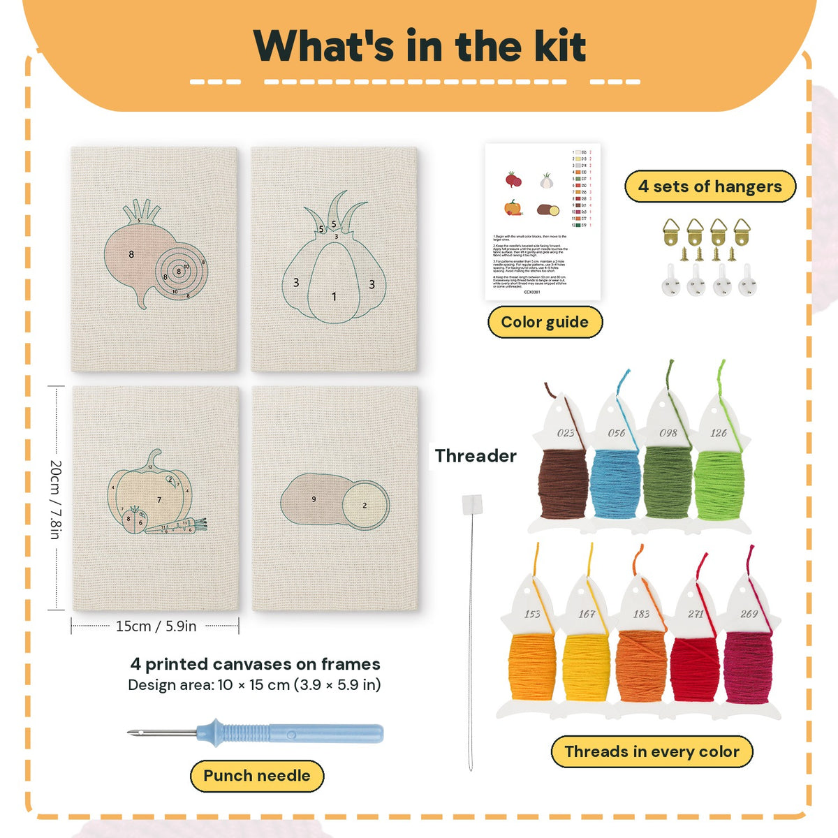 What is in the Beet and Garlic set: 4 printed canvases, punch needle, threader, threads, color guide and 4 sets of hangers (6 × 8 in (15 × 20 cm) each)