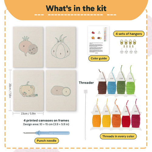 What is in the Beet and Garlic set: 4 printed canvases, punch needle, threader, threads, color guide and 4 sets of hangers (6 × 8 in (15 × 20 cm) each)