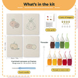 What is in the Beet and Garlic set, 8 × 12 in (20 × 30 cm) each: 4 printed canvases, punch needle, threader, threads, color guide and 4 sets of hangers