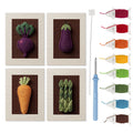 Beet Carrot Eggplant mini punch needle kit set: four finished canvases with threads, punch needle and threader