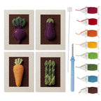 Beet Carrot Eggplant mini punch needle kit set: four finished canvases with threads, punch needle and threader