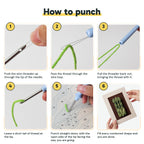 Six steps showing how to thread and use the punch needle