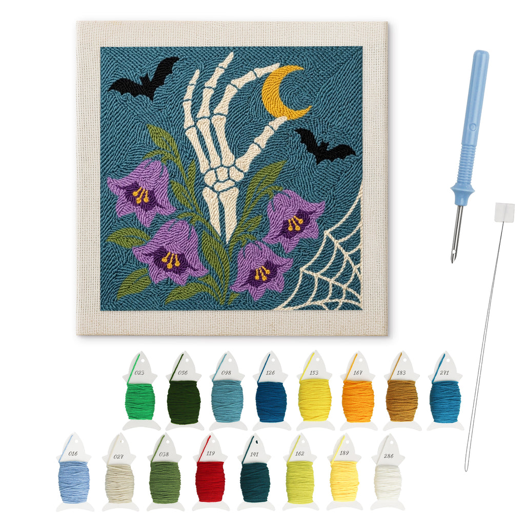Bellflower Bone Hand punch needle kit: finished canvas with threads, punch needle and threader