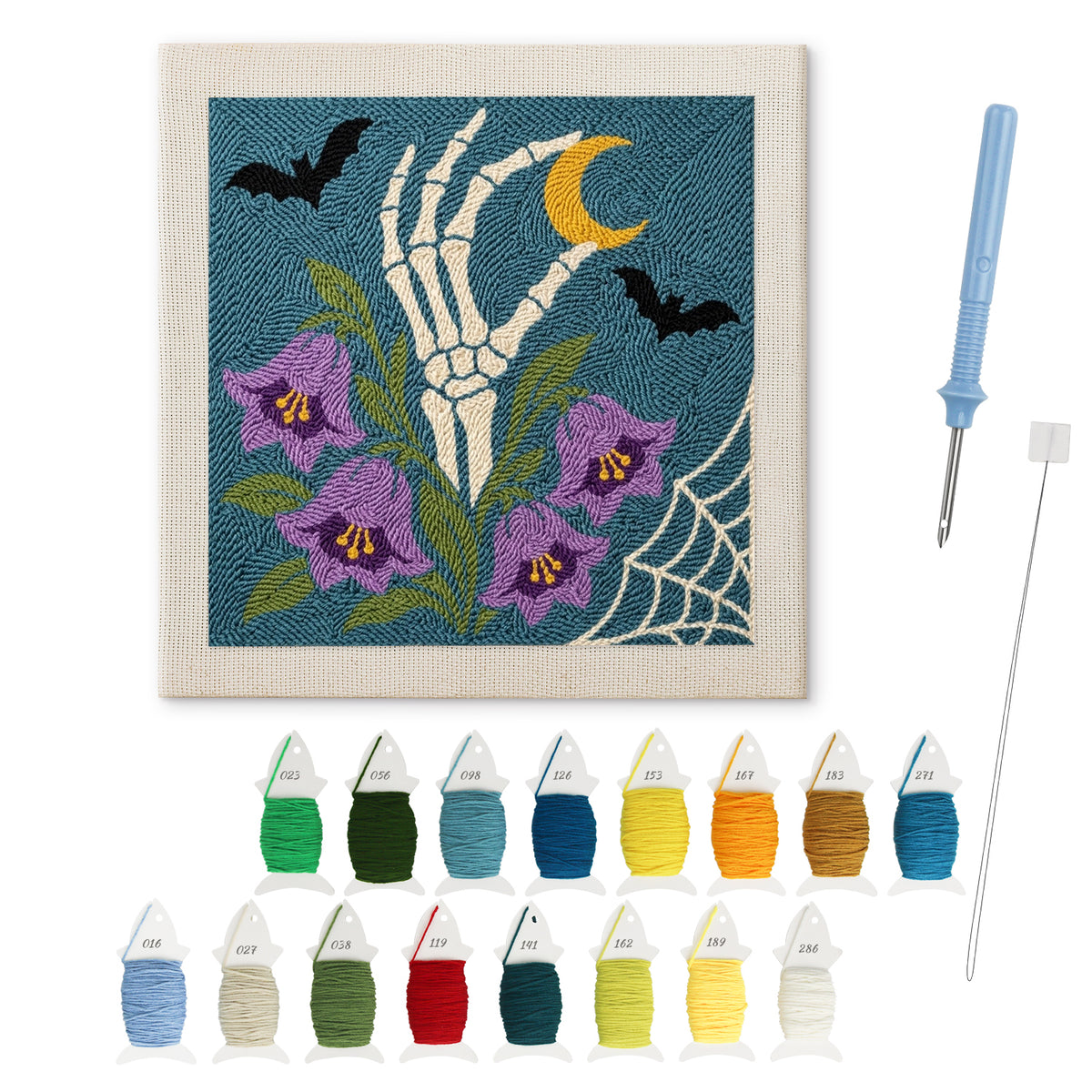 Bellflower Bone Hand punch needle kit: finished canvas with threads, punch needle and threader