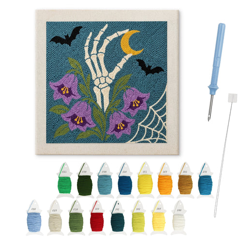 Bellflower Bone Hand punch needle kit: finished canvas with threads, punch needle and threader